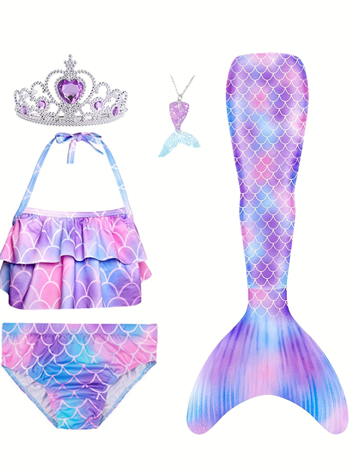 5-Piece Mermaid Tail Costume Princess Mermaid Outfit, Mermaid Dress Halloween Costume for Kids, Cosplay Clothes, Girls' Clearance Sale, Christmas Outfits Sets, Halloween Disguise for Girls