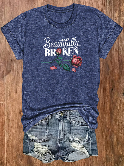 Ladies' European-Style Round Neck Short Sleeve T-Shirt for Summer, Lightweight and Breathable, Front and Back with Stylish Floral Prints and 'Beautifully Broken' Text, Perfect Comfort Fit for Daily Wear, A Versatile and Chic Choice for Laid-Back