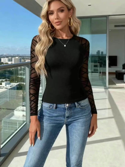 Women's Slim Fit Long Sleeve T-Shirt - Stretchy Mesh Design with Contrast Mesh Panels, Round Neck Casual Top for Spring/Fall, Office, Party