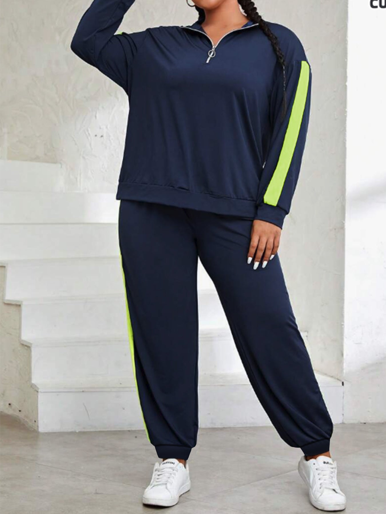 Plus Size, Plus Size Women's Spring And Autumn Contrast Color Casual Suit, Half Zip Pullover Long Sleeve Top And Trousers Two-Piece Set