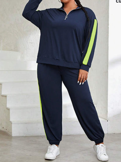 Plus Size, Plus Size Women's Spring And Autumn Contrast Color Casual Suit, Half Zip Pullover Long Sleeve Top And Trousers Two-Piece Set
