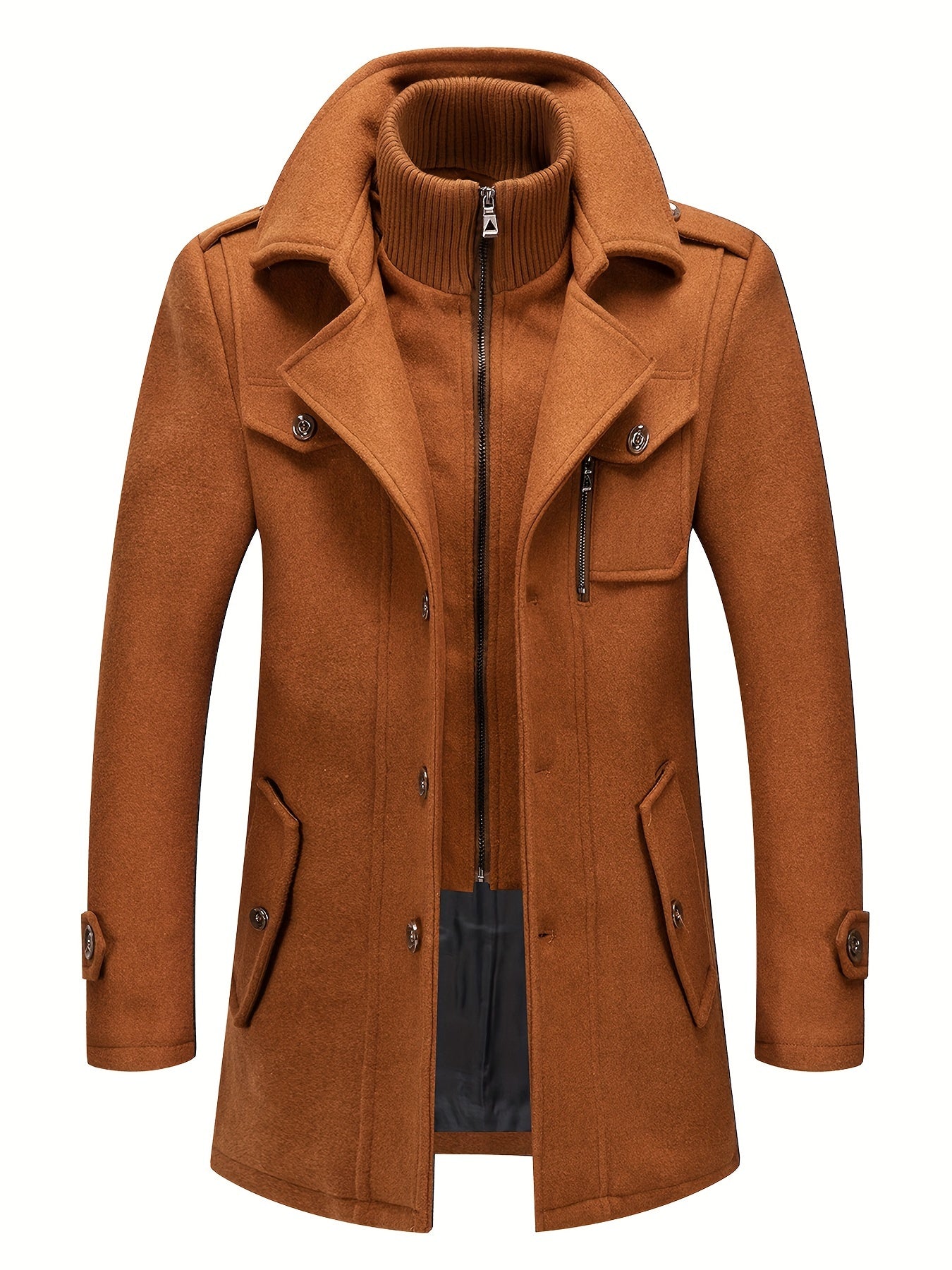 Men's Stand Collar Fleece Blend Pea Coats with Removable Inner Collar Single Breasted Overcoat