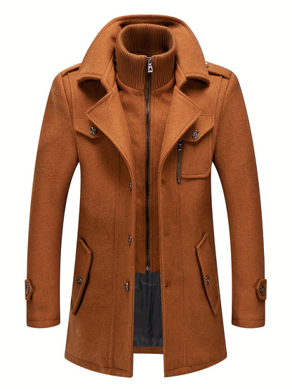 Men's Stand Collar Fleece Blend Pea Coats with Removable Inner Collar Single Breasted Overcoat