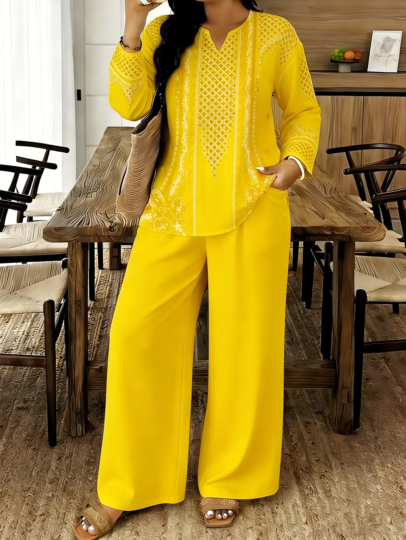2pcs Set Of Women's Standard Size Long Sleeved Pants, Set, Spring And Summer New V-neck Long Sleeved Shirt Printed Pants Set, Digital Printed Non Hollow Top Machine Washable, Elegant And Comfortable, Suitable for Commuting And Dating