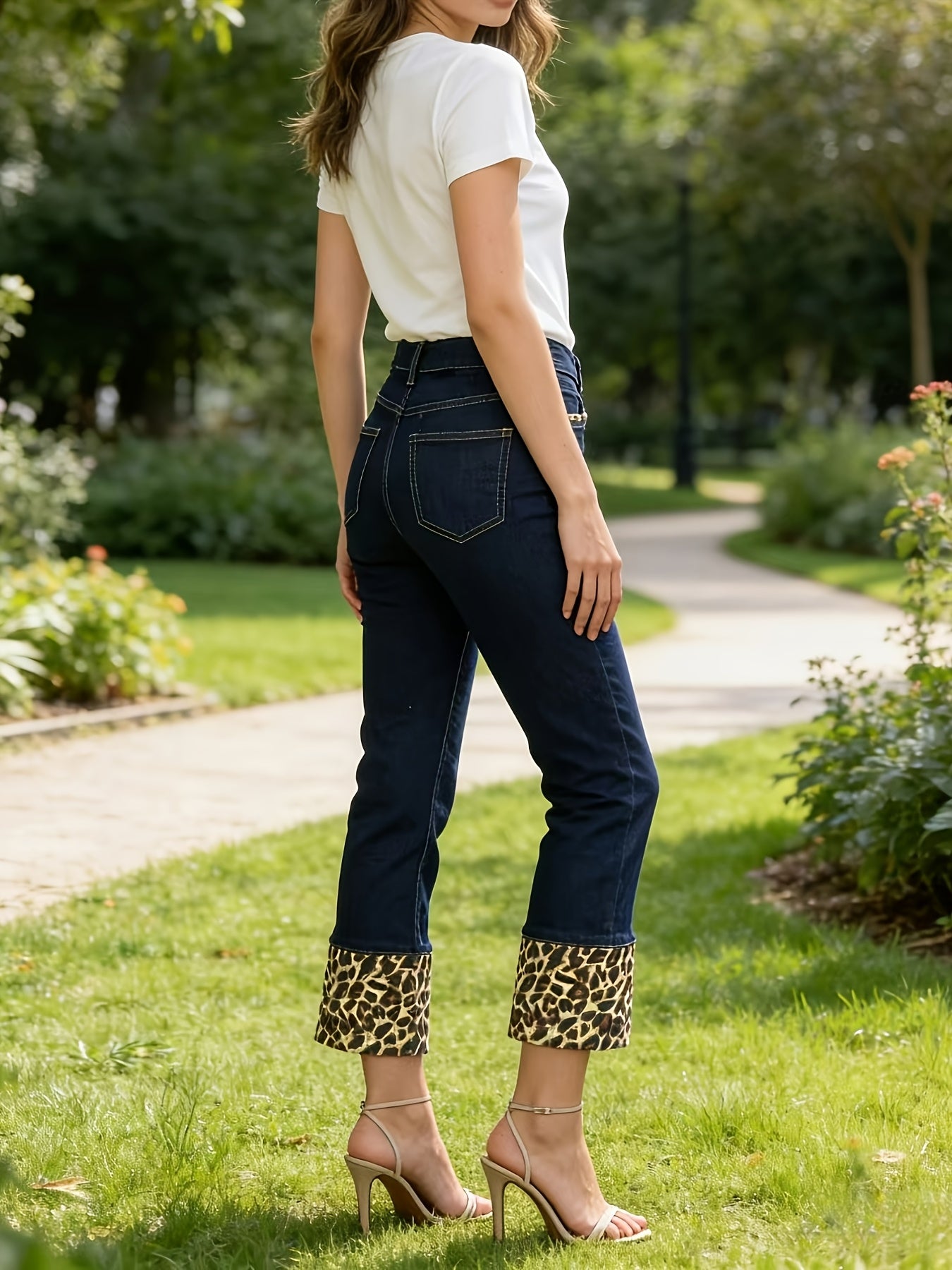Y2K Hot Leopard Print Decor Jeans - High Waisted Butt Lifting Dark Wash Stretchy Denim Women'S Casual Streetwear Pants