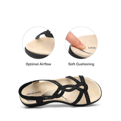 Women's Comfort Dressy Rhinestone Summer Beach Sandals Slip-on Flat Walking Orthopedic Sandals with Elastic Back Strap Soft & Cushioned Day-to-night wear Sandals