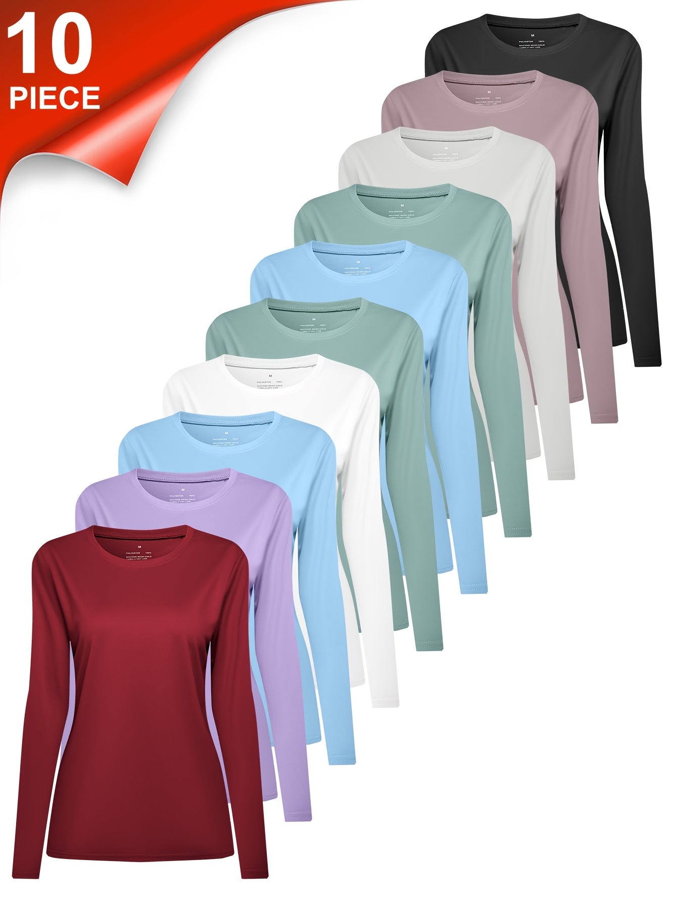 10pcs Women'S Long Sleeve Crew Neck T-shirts - Casual Solid Colour Tops - Fine Beaded Ground Fabric For And Outdoor