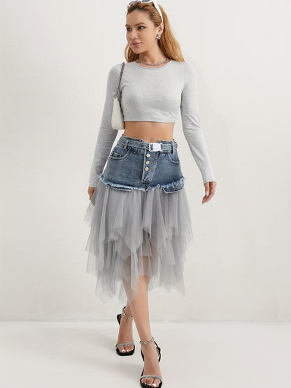A Midi Skirt for Spring, Summer, And Autumn, Combining Denim And Tulle with a Trendy Raw-Edge Hem