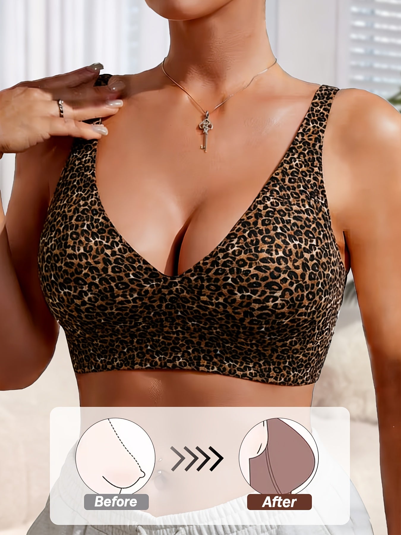 Women's Seamless Jelly Gel Sexy Leopard Print V-Neck Bra- No Underwire, Non-removable Pads, Adjustable Straps, Invisible Clasp, Breathable and Comfortable, Women's Push-up Bra, Women's Leopard Print Bra