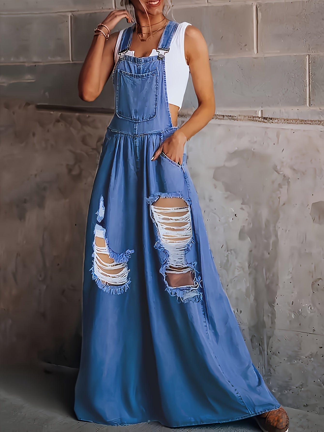 Women's Denim Overalls - Loose-Fit Sleeveless Casual Style With Side Pockets, Wide-Leg Jumpsuit Dungarees