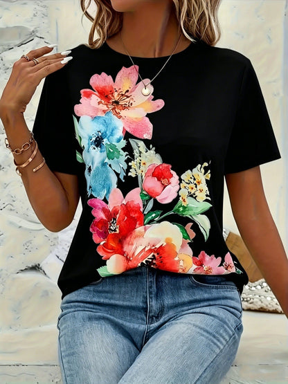 Plus Size, Women's Elegant Full-Body Floral Print T-Shirt - Short Sleeve Crew Neck Blouse, Plus Size Available, All-Season Casual & Dressy Outfits, Machine Washable Elegant Style Top