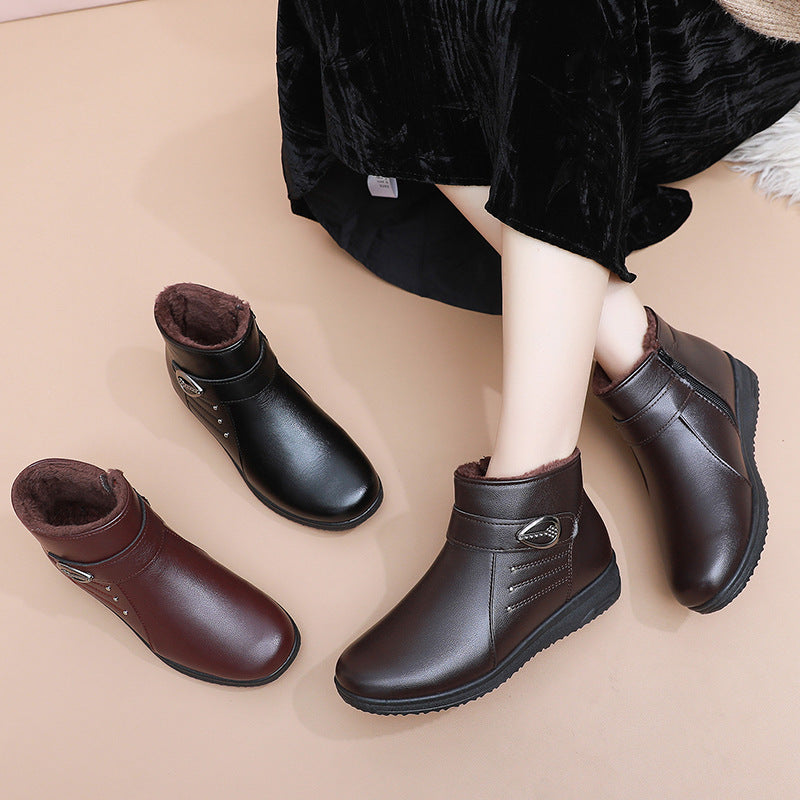 Middle-aged and Elderly Women'S Shoes Winter Soft Sole Non-slip Boots Thickened Fleece Short Boots Elderly Women'S Warm Shoes Grandma'S Shoes