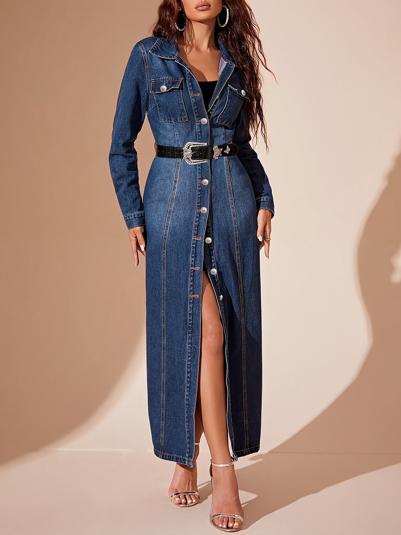 Women'S Vintage Single-Breasted Waist-Cinching Denim Dress, Long-Sleeved Lapel Slim-Fit Denim Coat-Style Maxi Skirt, Versatile Casual Dress for Spring, Autumn And Winter Suitable for Various Occasions