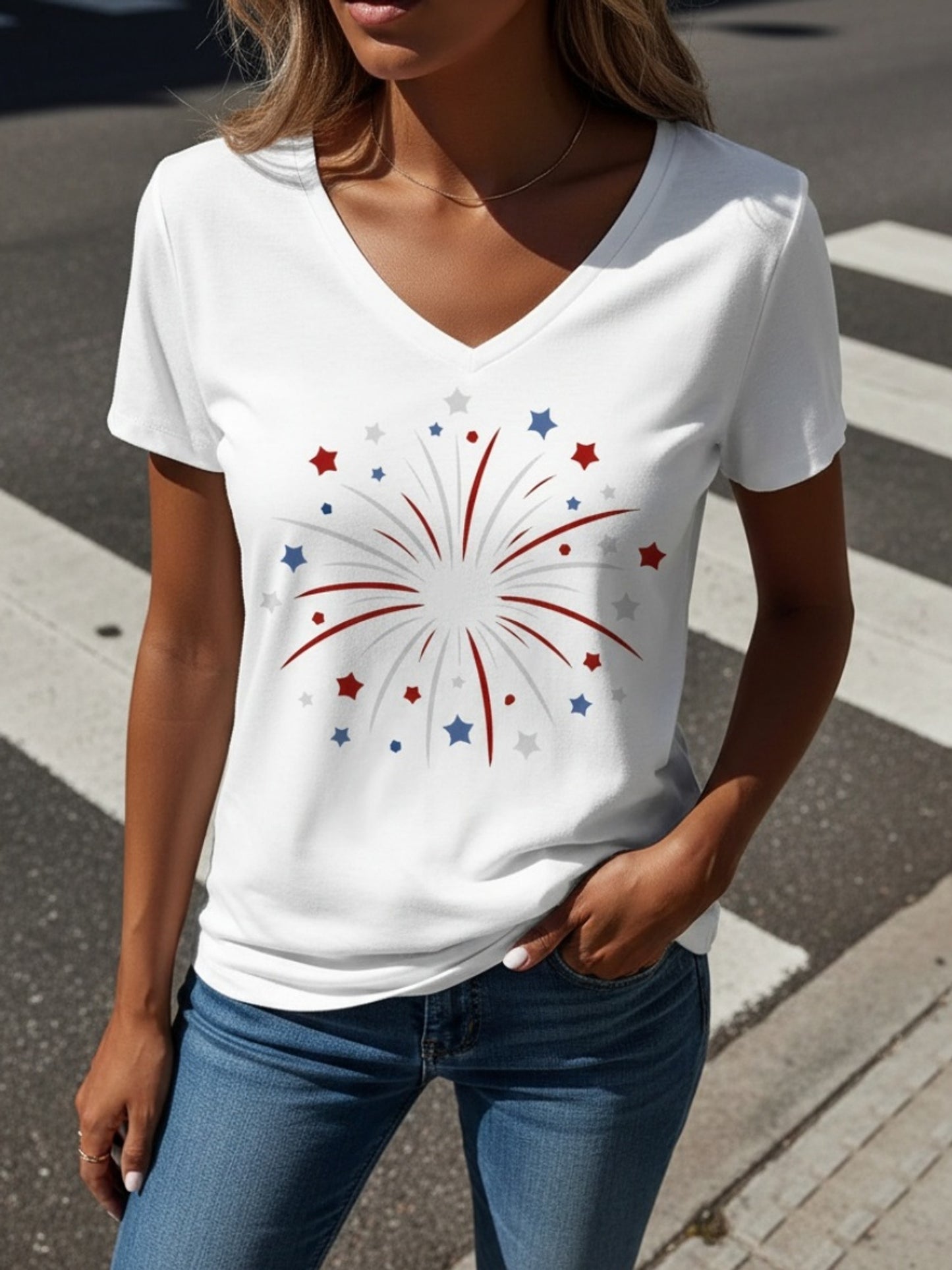 Short-Sleeve V-Neck T-Shirts for Women And Men Featuring a Red And Blue Fireworks Design. Ideal for Casual Outings, Parties, Or Holiday Gifts. This Machine-Washable Top Is Suitable for All Seasons