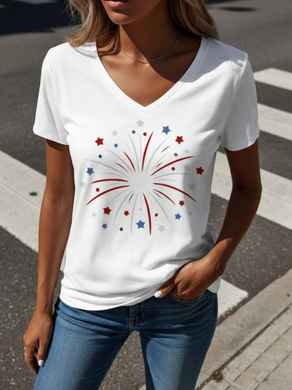 Short-Sleeve V-Neck T-Shirts for Women And Men Featuring a Red And Blue Fireworks Design. Ideal for Casual Outings, Parties, Or Holiday Gifts. This Machine-Washable Top Is Suitable for All Seasons