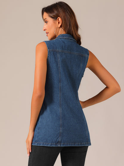 Women'S Denim Vest Sleeveless Button Waistcoat Casual Long Jean Vests