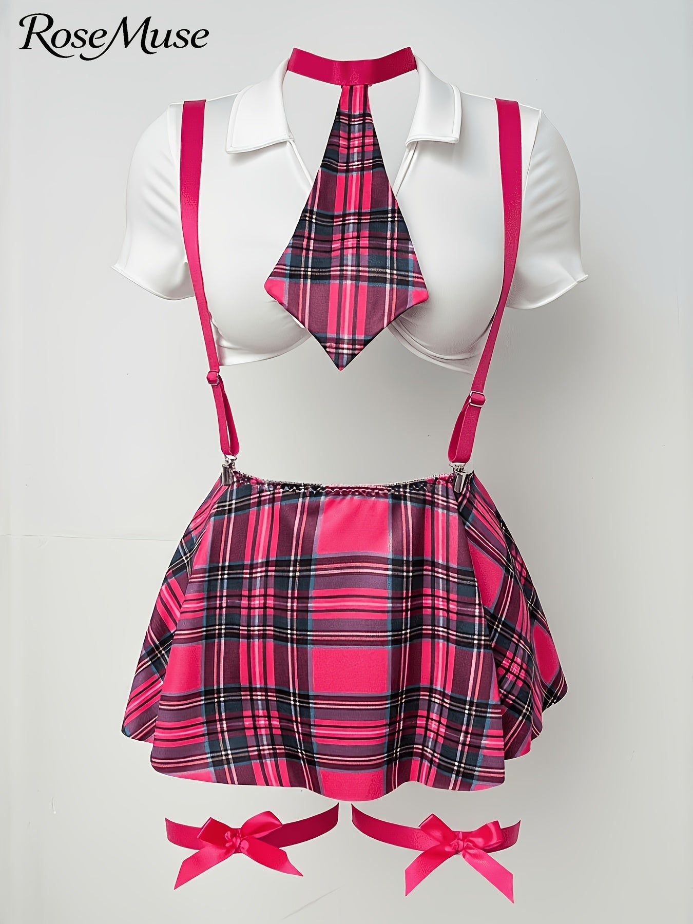 New European And American Style Plus-Size Women'S Cosplay Uniform Set: Plaid Suspender Mini Skirt, Top, Panties, Bow Tie, And Bow Leg Cuffs - 8pcs Set, Laid Skirt Sleeves Uniform Lingerie Set
