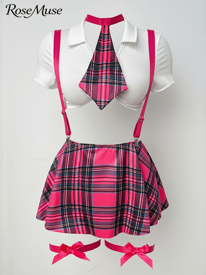 New European And American Style Plus-Size Women'S Cosplay Uniform Set: Plaid Suspender Mini Skirt, Top, Panties, Bow Tie, And Bow Leg Cuffs - 8pcs Set, Laid Skirt Sleeves Uniform Lingerie Set