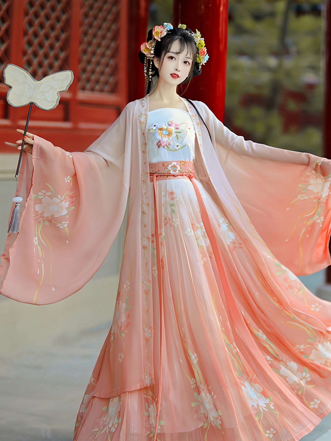 Pink Hanfu with Petal-Like Flowing Skirt And Butterfly Embroidery