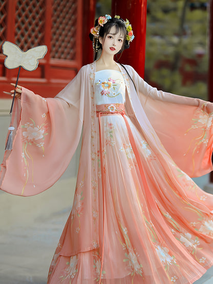 Pink Hanfu with Petal-Like Flowing Skirt And Butterfly Embroidery