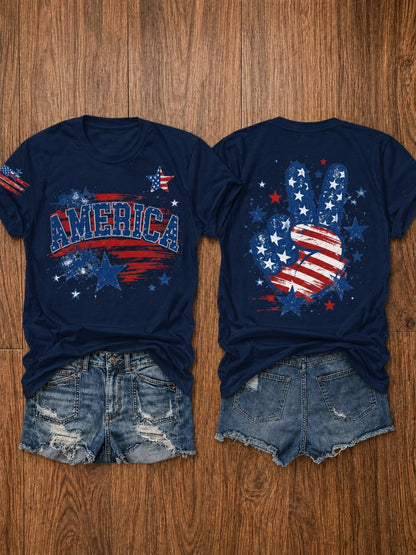 USA 250th Anniversary Independence Day American Flag Stars and Stripes Print Crew Neck T-Shirt, Summer Casual Vacation Women's Short Sleeve Top, Soft Stretch Fabric, Multiple Colors Available