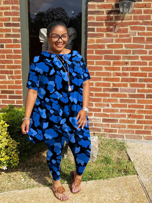 Plus Size Ladies' Fashion Short-Sleeved Trousers Two-Piece, Full-Body Camouflage Suit, Coat Side Split, Trousers with Pockets, Comfortable And Elastic Ladies' Daily Leisure Suit