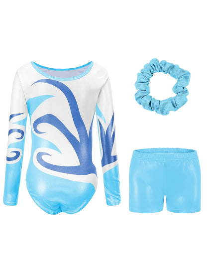 Girls' 3pcs Gymnastics Leotard Set with Geometric Pattern, Long Sleeve Bodysuit & Matching Shorts - Includes Hairband, Stretchy & Breathable Fabric for Dance Training, Perfect for Outdoor, All Seasons, Gift for Back-to-School Season