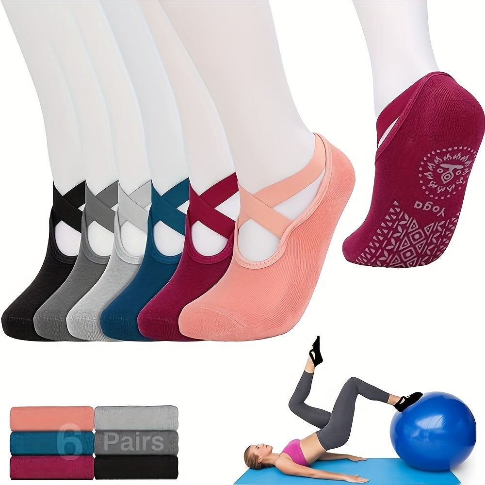 [Yoga Socks] 6 Pairs Of Women's Yoga Socks, Silicone Anti-Slip Boat Socks, Cross-Tied Fitness Pilates, Soft And Comfortable Dancing Indoor Sports Socks