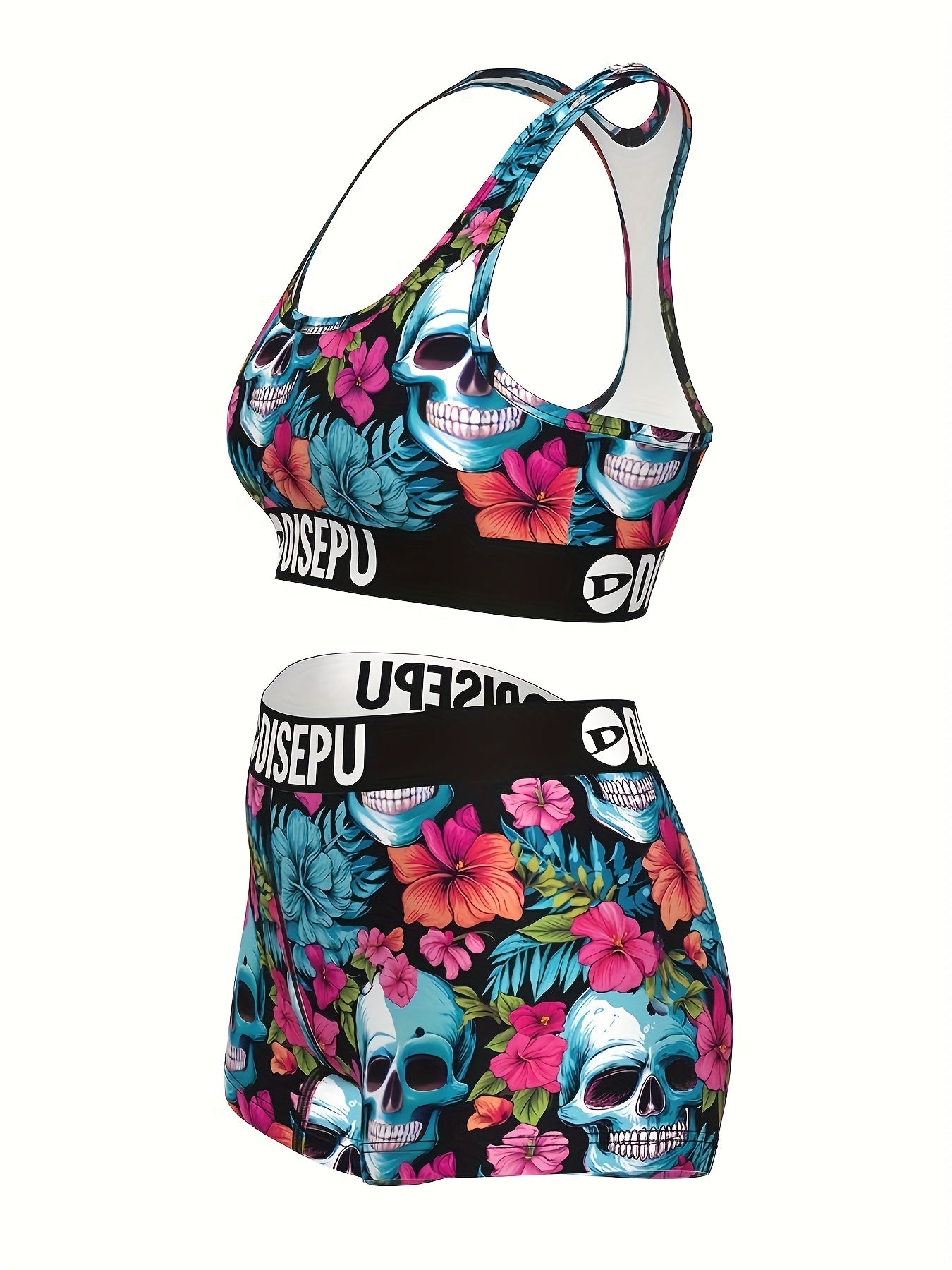 A Vibrant Floral Skull Design Sports Bra And Shorts Combo, Featuring High Elasticity And Breathability, Perfect for Fitness Activities, Swimming, Yoga, Running, And Casual Outings