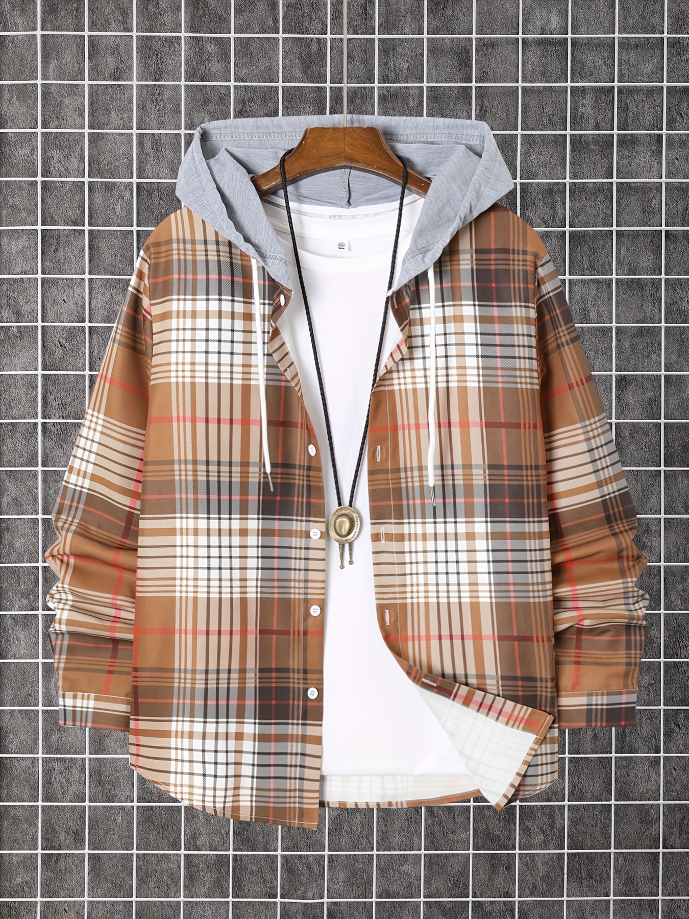 Men'S Plaid Hooded Button-Up Shirt - Long Sleeve Casual Shirt with Adjustable Drawstring Hood, Machine Washable, Spring/Fall Seasonal Transition, Earthy Tones (Brown/Beige/Red/Black/White), Autumn Wardrobe, Hooded Outerwear, No Stretch Fabric