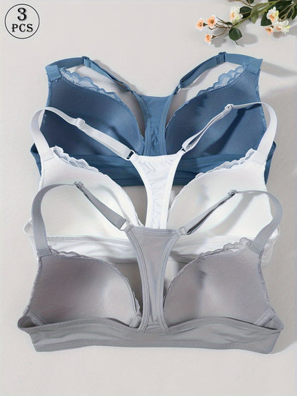 3pcs Front Closure Lace Patchwork Bras for Women with Underwire, Push-Up, Anti-Sagging, Sexy Back Design, Suitable for Dating