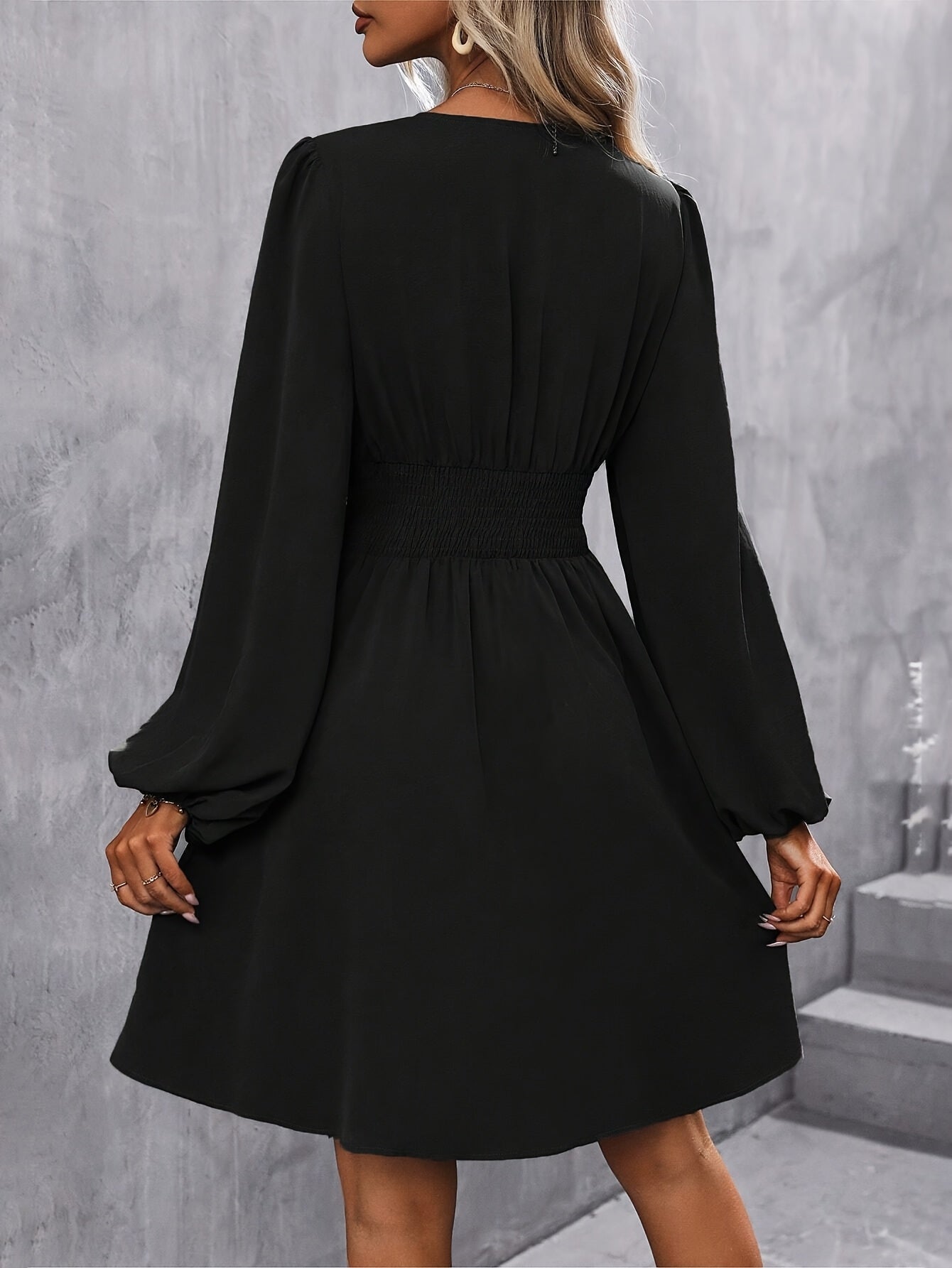 Women'S Elegant V-Neck Dress - Waist Pleated Design Skinny Lantern Sleeve Long Sleeve A-Line Dress, Fashionable Versatile And Comfortable