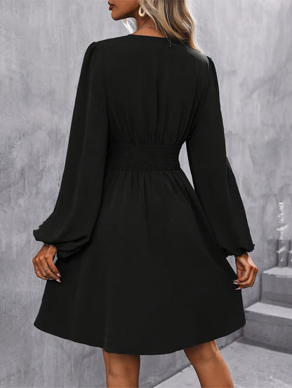 Women'S Elegant V-Neck Dress - Waist Pleated Design Skinny Lantern Sleeve Long Sleeve A-Line Dress, Fashionable Versatile And Comfortable