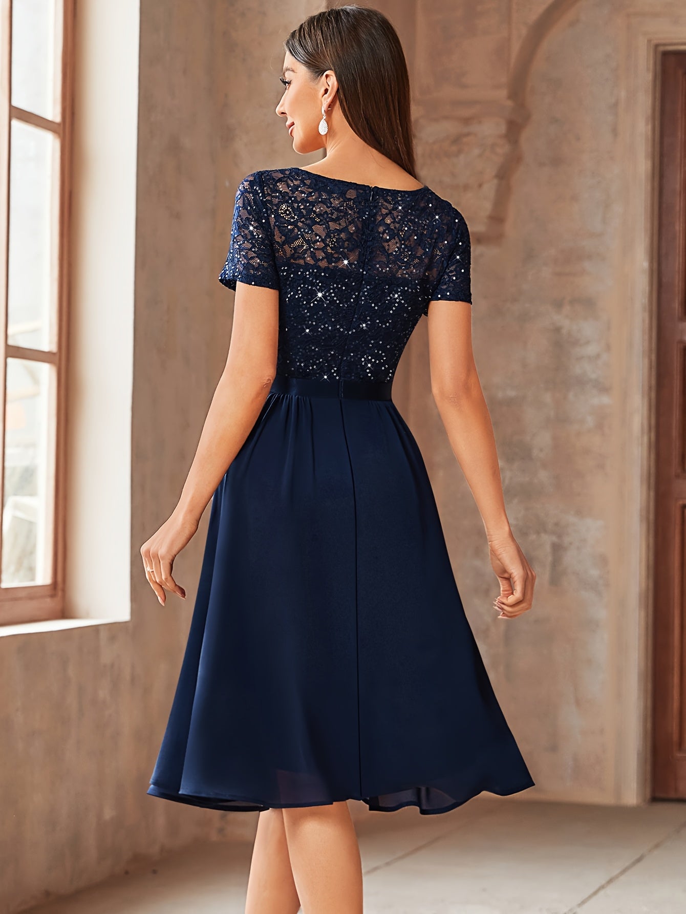 24224 Elegant Womens Sequin Lace Chiffon A Line Bridesmaid Dress, V Neck Short Sleeves, Ruched Ruffle Hem, Perfect for Graduation Season, Wedding Season, Summer Wedding Guest, Evening Party, Cruise Party And Birthday Celebration