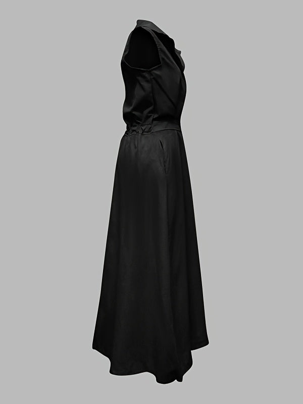 Sleeveless Solid Color Lapel Long Dresses Midi Dresses