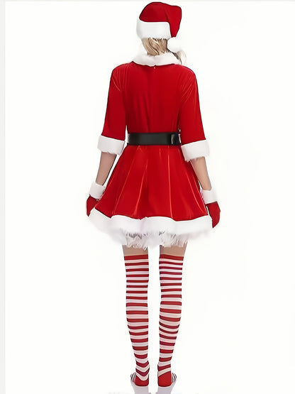 Women's Christmas Dresses, Santa Claus Role-playing Costumes, 5pcs Set, Velvet Round Neck, 3/4 Sleeves with Skirt, Hat, Socks, Belt, Gloves, Plush Decorations, Clothing On /promotion/bestseller