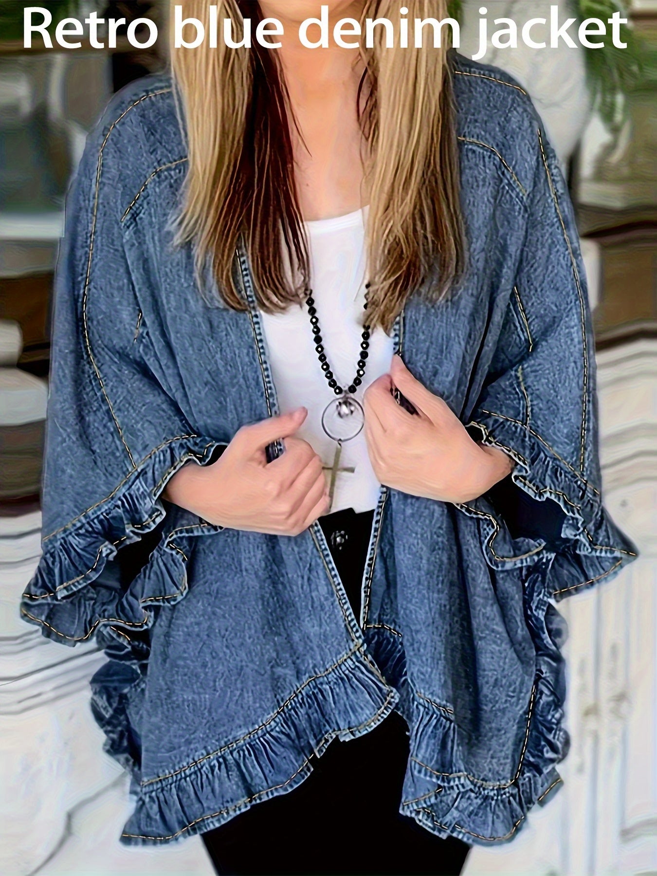 Women's Vintage Light Blue Jacket - Loose Fit Non-Stretch Denim-like Coat with Ruffle Shoulder & Flared Three-Quarter Sleeves, Viscose Fiber Blend Casual Chic Outerwear for Everyday Formal Outfits - Spring/Fall Essential, Denimlike Appearance
