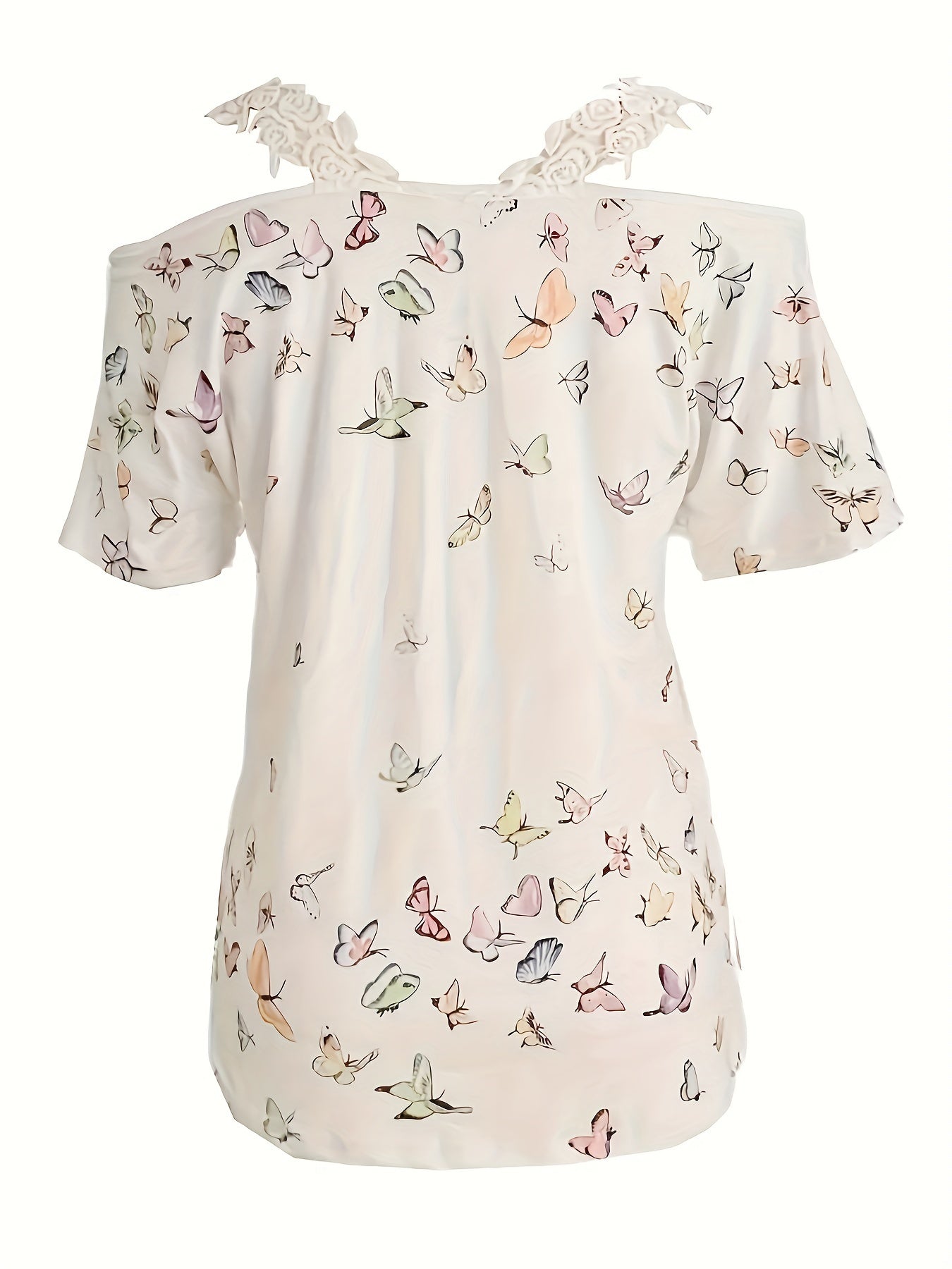 Spring And Summer New Butterfly Print V-neck T-shirt Lace Lace Casual Off-shoulder Short-sleeved Top