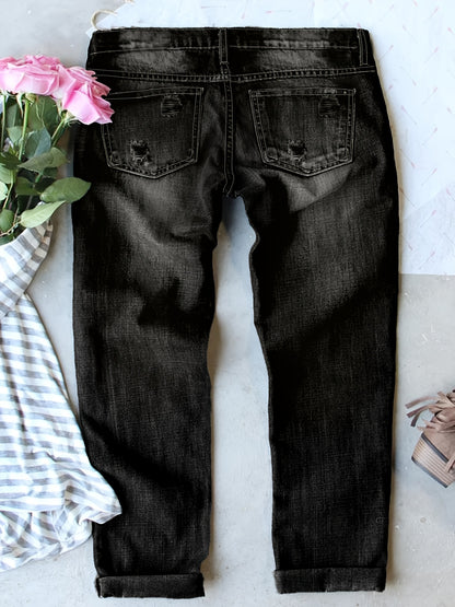 Plus Size Women's High-Waisted Distressed Washed Patchwork Jeans | Pink Leopard Print Patches & Rips | Slim Fit, Unique Fashion Design | Versatile for All Seasons