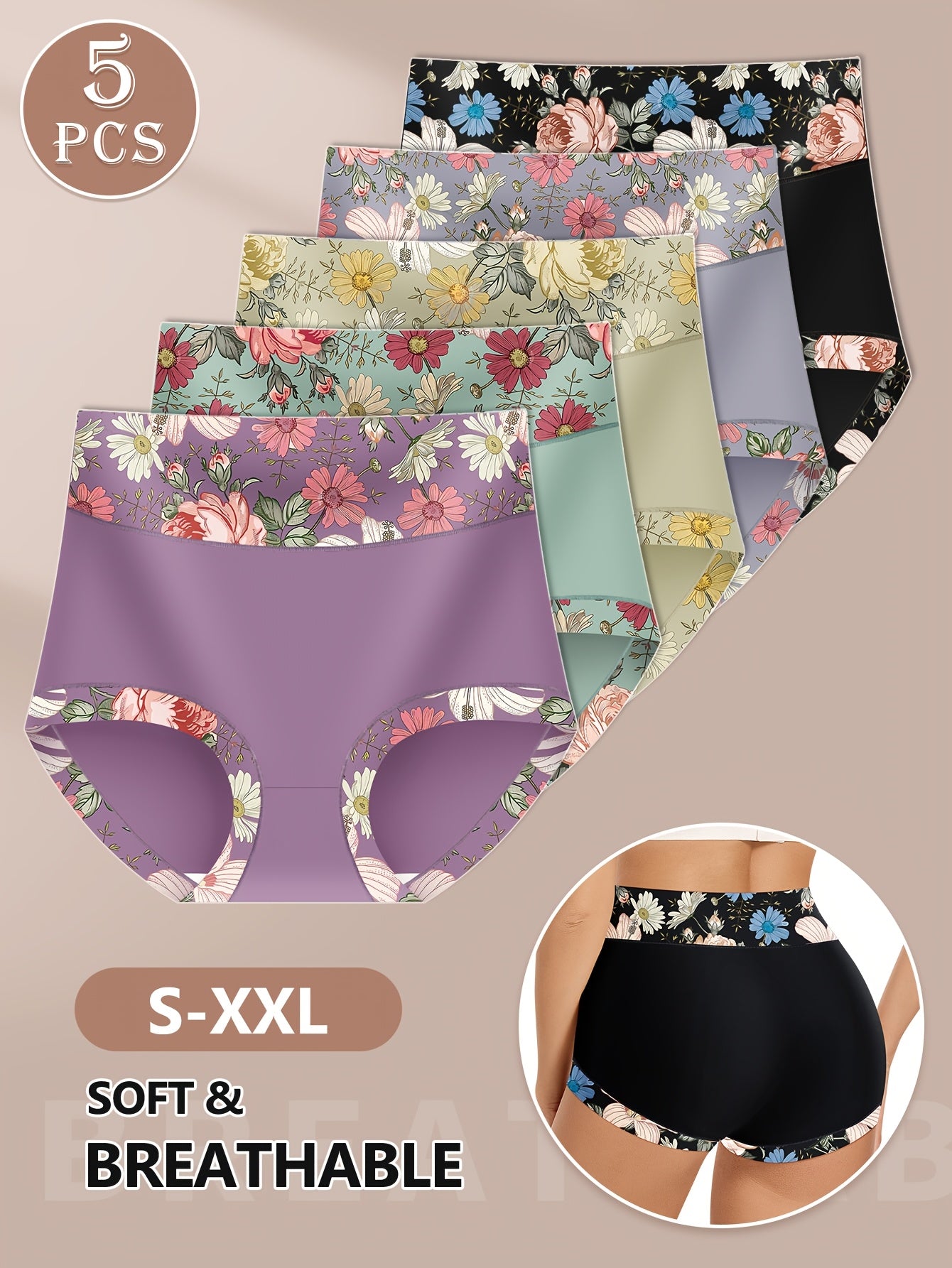 5pcs Elegant Panties Women's Floral Print High Waisted Soft Briefs