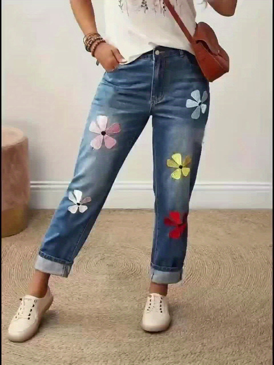 Women' Mid-Waist Slim-Fit Rolled-Up Straight- Jeans - Washed with print & rolled ankle, Machine-Washable All- Pants Suitable for Work, Casual, Weekend & for home Outfits