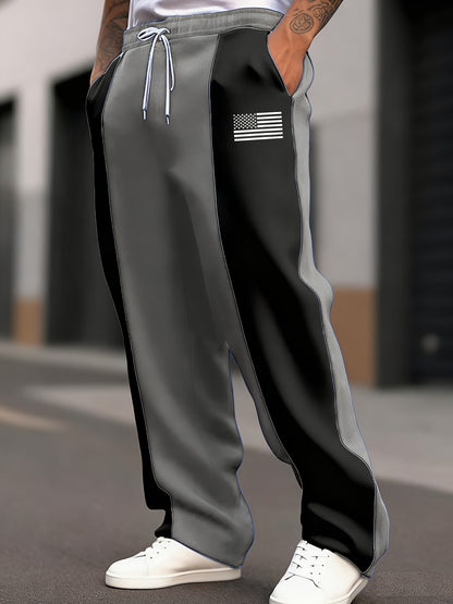 Men'S Plus Size Trousers, Two-Tone Splicing, National Flag Print, Spring And Autumn Seasons, Easy And Fashionable Daily Wear, Weekend Sports Loose Fit, Street Fashion, Holiday Gifts, Plus Size, Men'S Affordable Goods