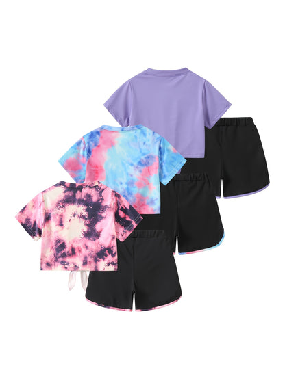 6pcs, Girls Love Print Camouflage Design Short Sleeve Athletic Shorts Summer Suit, for Outdoor