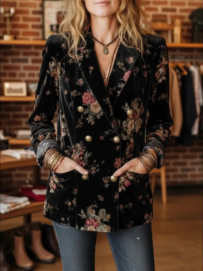 Black Floral Print Velvet Blazer for Women | Retro Double-Breasted Design, Perfect for Party Gatherings And Elegant Social Occasions