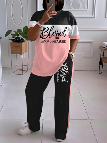 Plus Size, Ladies' Casual Short-sleeved Trousers Suit, Striped Print Letter Blessing, Loose Trousers with Pockets