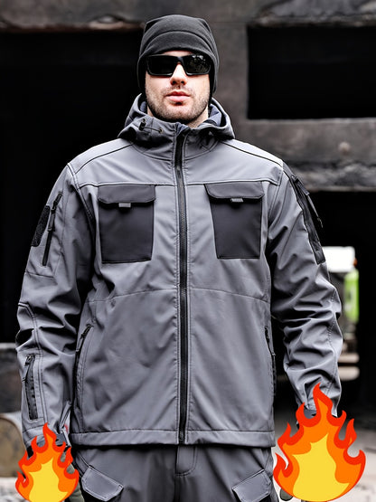 Men's Tactical Softshell Jacket - Hooded Multi-Pocket Windbreaker
