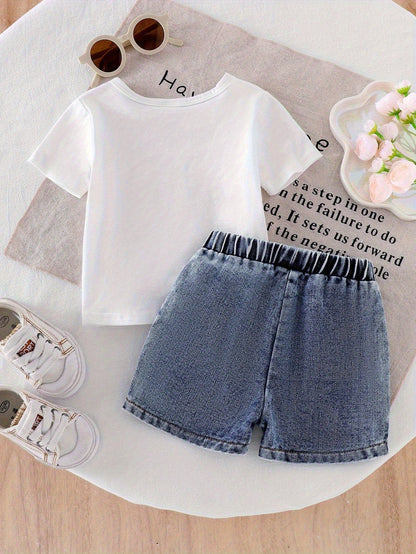2pcs Bow Print & Bow Detail Denim Shorts and Matching T-Shirts | Soft Casual First Outfits Suitable for Girls, Spring/Fall Wear, Hand Washable, Perfect for Outdoor