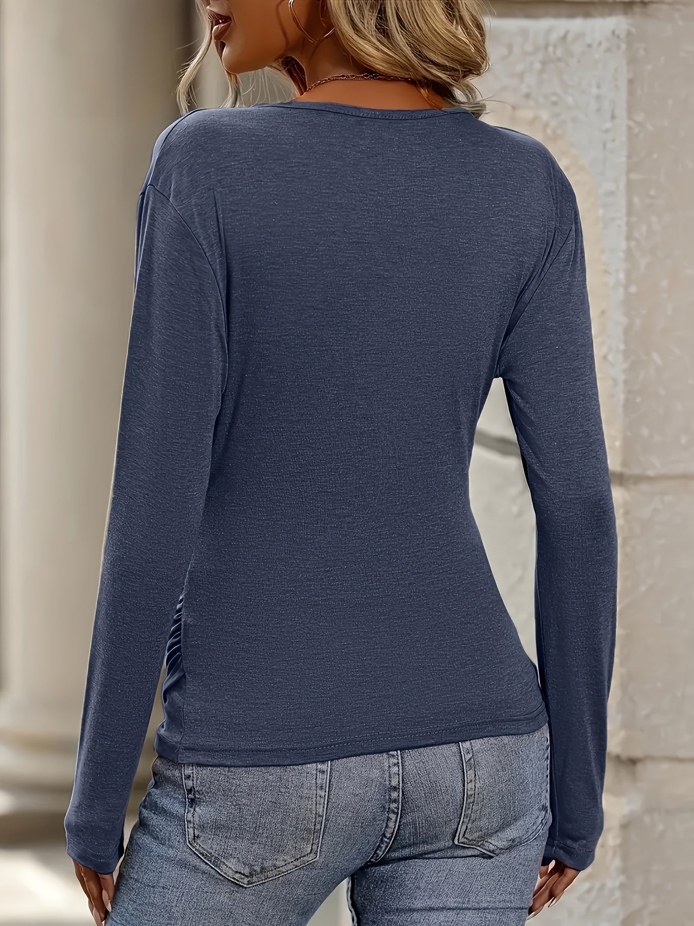 [Casual T-Shirt] Casual Long Sleeve Solid Ruched Surplice Neck T-Shirt | Women's Clothing for Spring & Fall