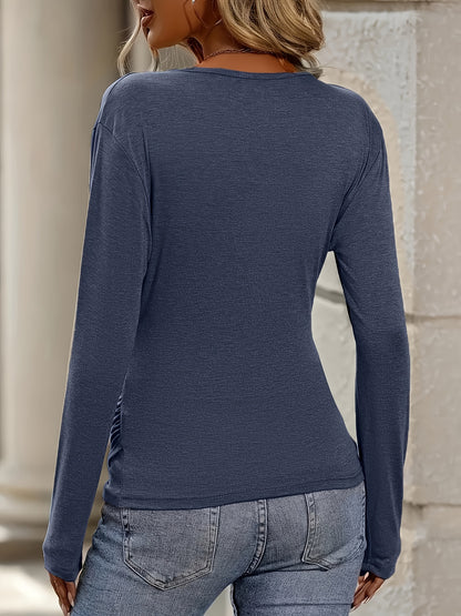 [Casual T-Shirt] Casual Long Sleeve Solid Ruched Surplice Neck T-Shirt | Women's Clothing for Spring & Fall