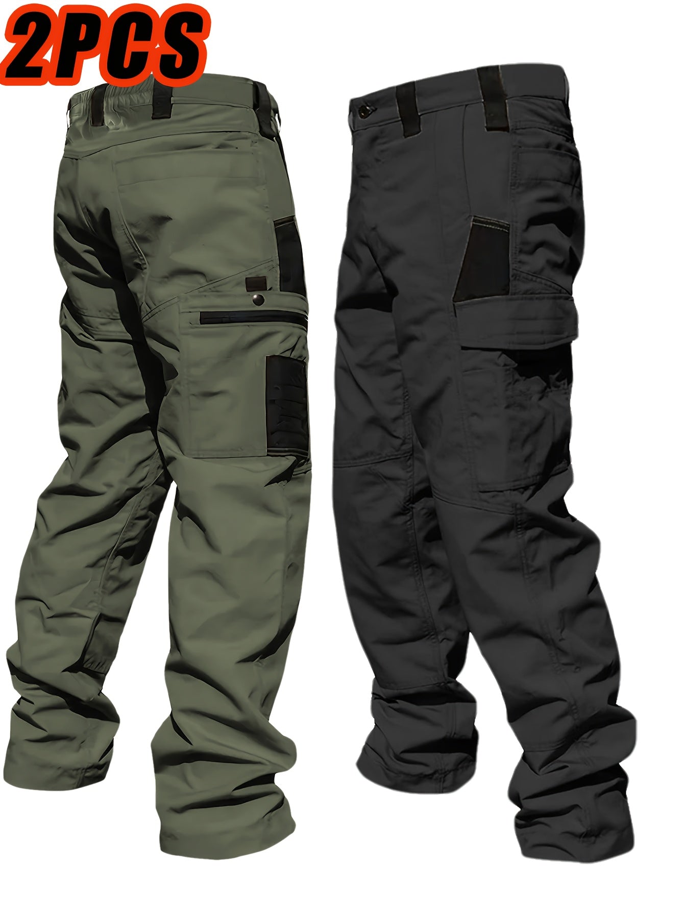 2pcs Men'S Tactical Work Pants with Spacious Multi-Pocket Design & Durable Ripstop Fabric, Outdoor Pants for Camping, Climbing, Fishing, Hunting, Straight-Leg Fit with Belt Loops, Rugged Style, All-Season Pants